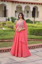 Lorenvalley Fashion Peach Faux Georgette Plain Lehenga Choli with Shrug