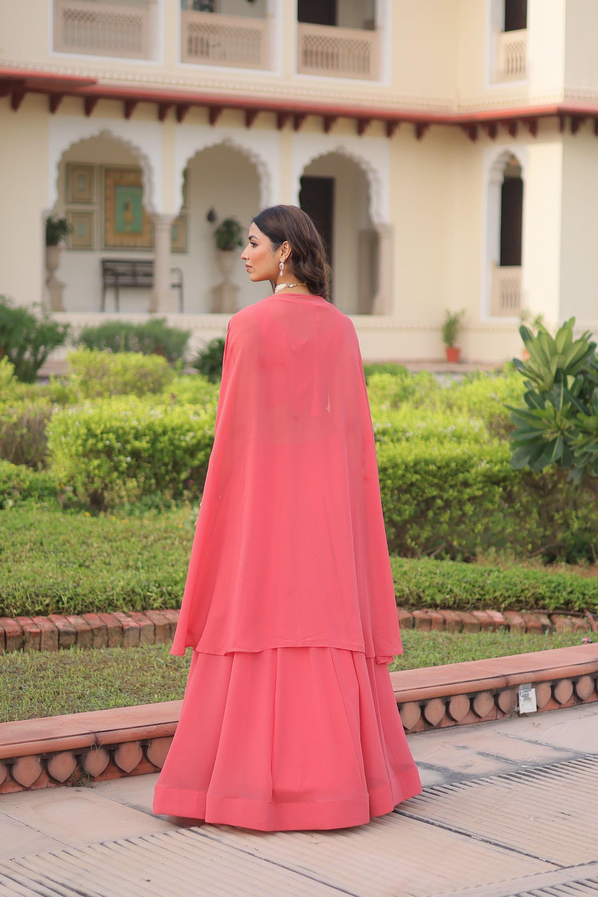 Lorenvalley Fashion Peach Faux Georgette Plain Lehenga Choli with Shrug