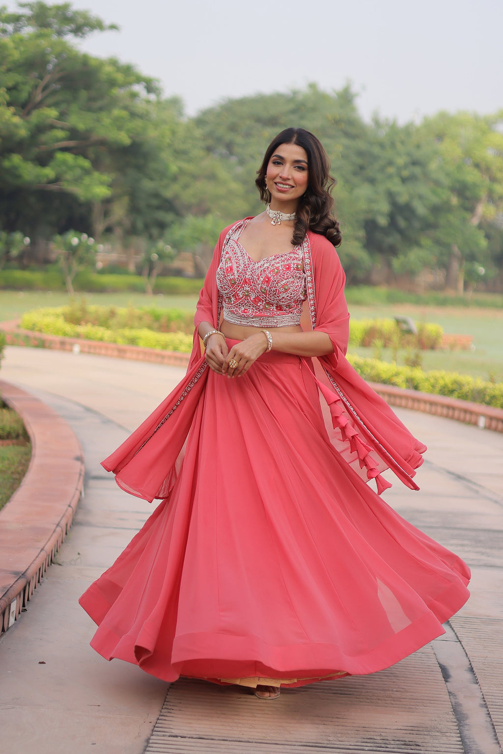 Lorenvalley Fashion Peach Faux Georgette Plain Lehenga Choli with Shrug