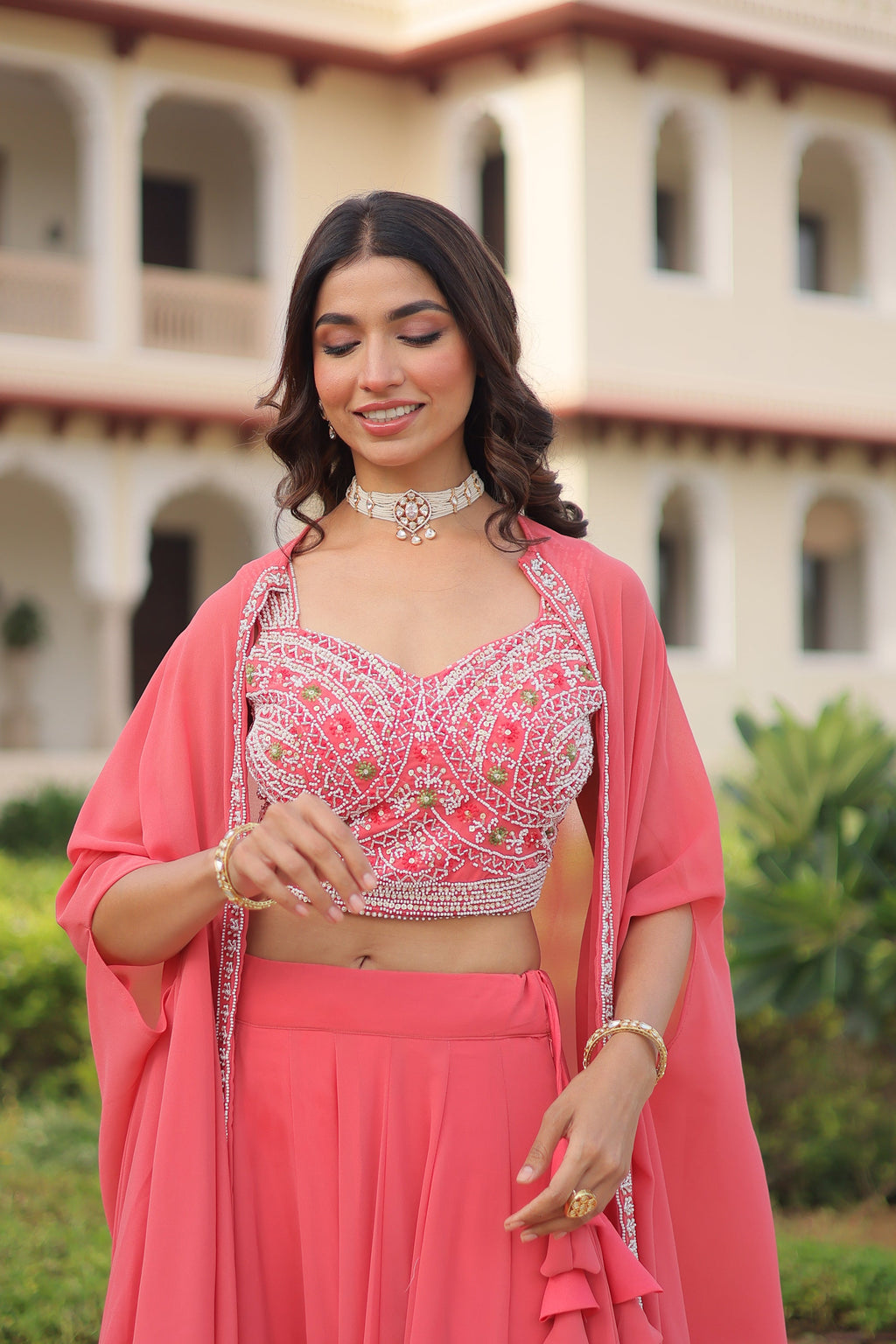 Lorenvalley Fashion Peach Faux Georgette Plain Lehenga Choli with Shrug