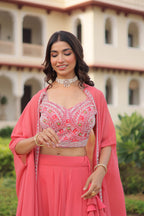 Lorenvalley Fashion Peach Faux Georgette Plain Lehenga Choli with Shrug