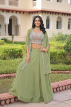 Lorenvalley Fashion Pista Faux Georgette Plain Lehenga Choli with Shrug