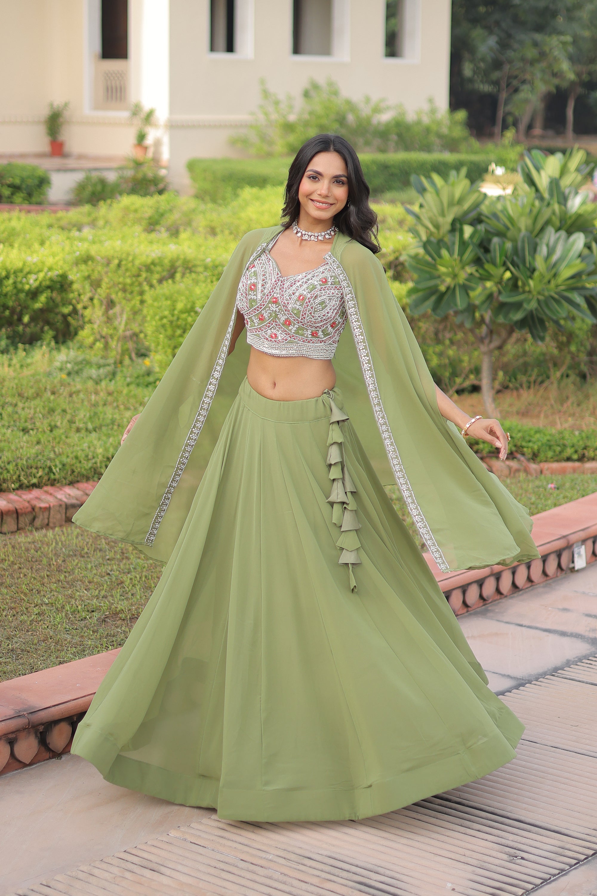 Lorenvalley Fashion Pista Faux Georgette Plain Lehenga Choli with Shrug