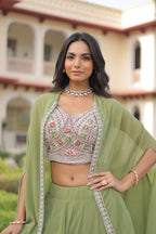 Lorenvalley Fashion Pista Faux Georgette Plain Lehenga Choli with Shrug