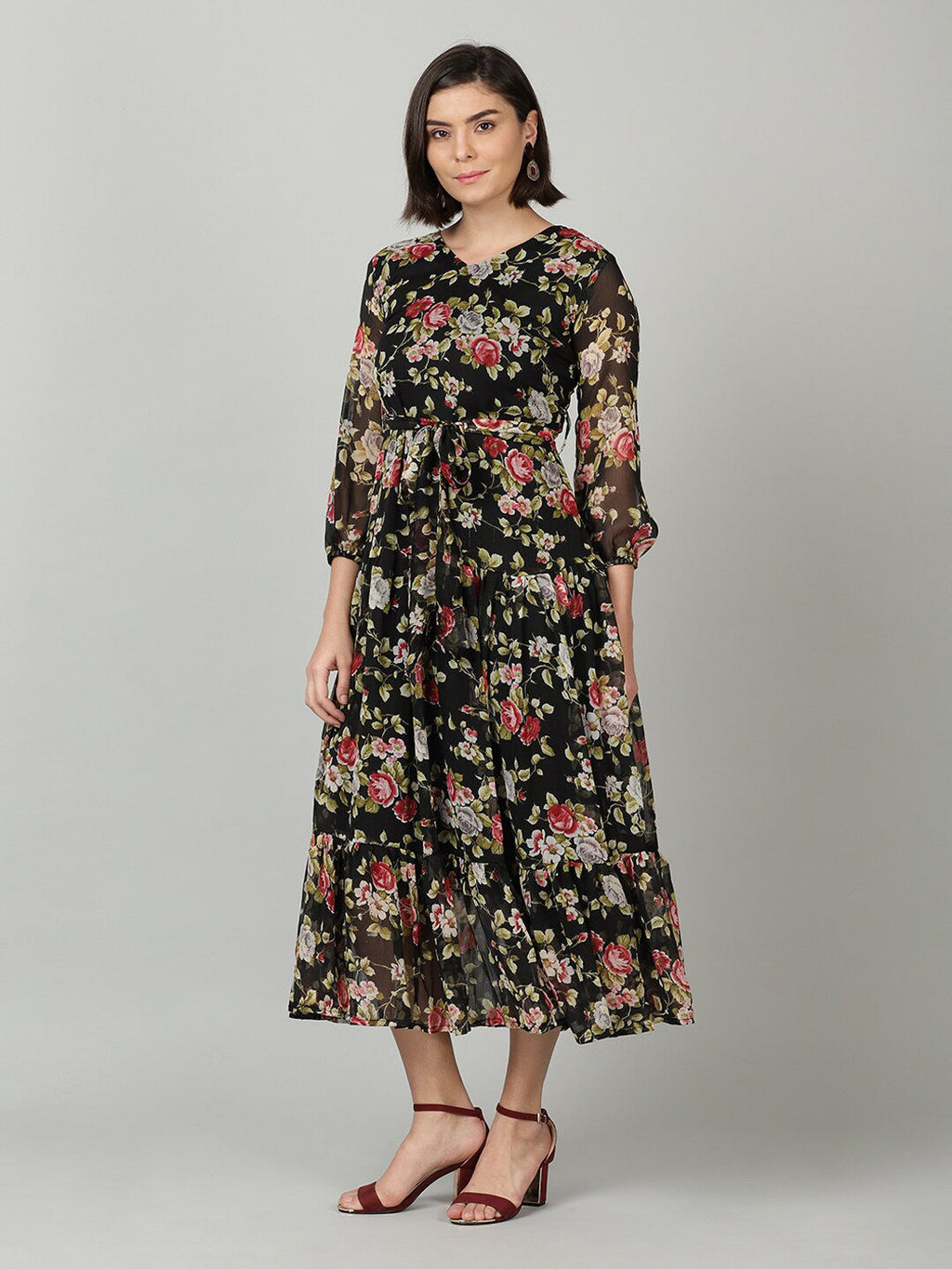 Souchii Black & Pink Floral Chiffon Midi Dress - Distacart