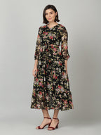 Souchii Black & Pink Floral Chiffon Midi Dress - Distacart