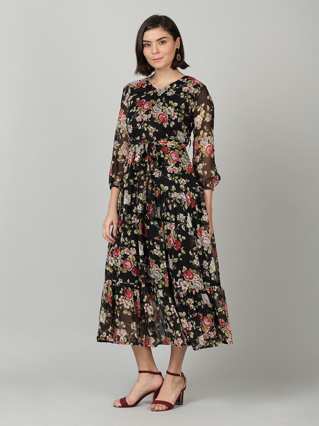 Souchii Black & Pink Floral Chiffon Midi Dress - Distacart