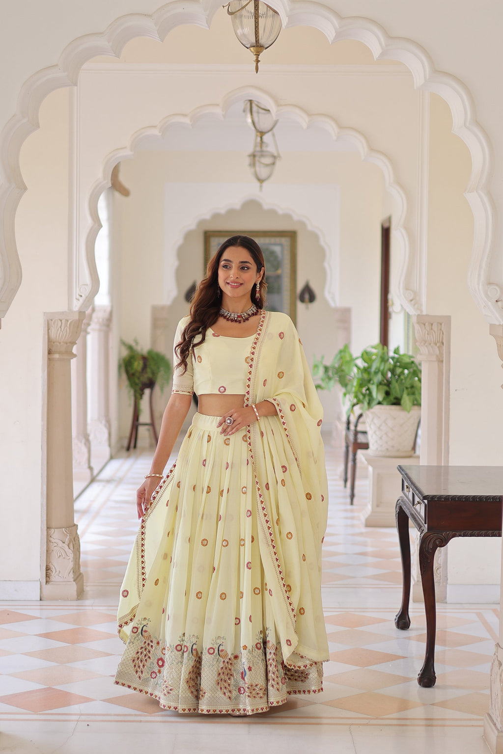 Lorenvalley Fashion Cream Vichitra Silk With Sequins & Zari & Thread Multi Embroidered work Lehenga Choli with Dupatta - Distacart
