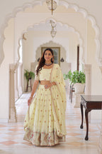 Lorenvalley Fashion Cream Vichitra Silk With Sequins & Zari & Thread Multi Embroidered work Lehenga Choli with Dupatta - Distacart