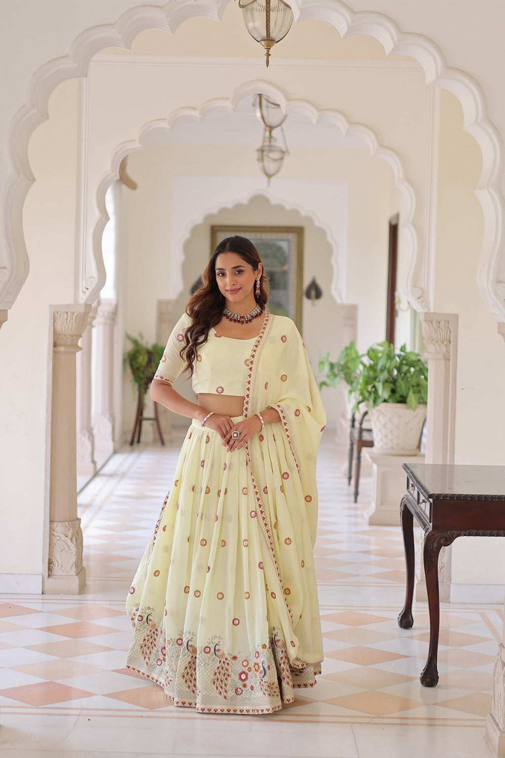 Lorenvalley Fashion Cream Vichitra Silk With Sequins & Zari & Thread Multi Embroidered work Lehenga Choli with Dupatta - Distacart