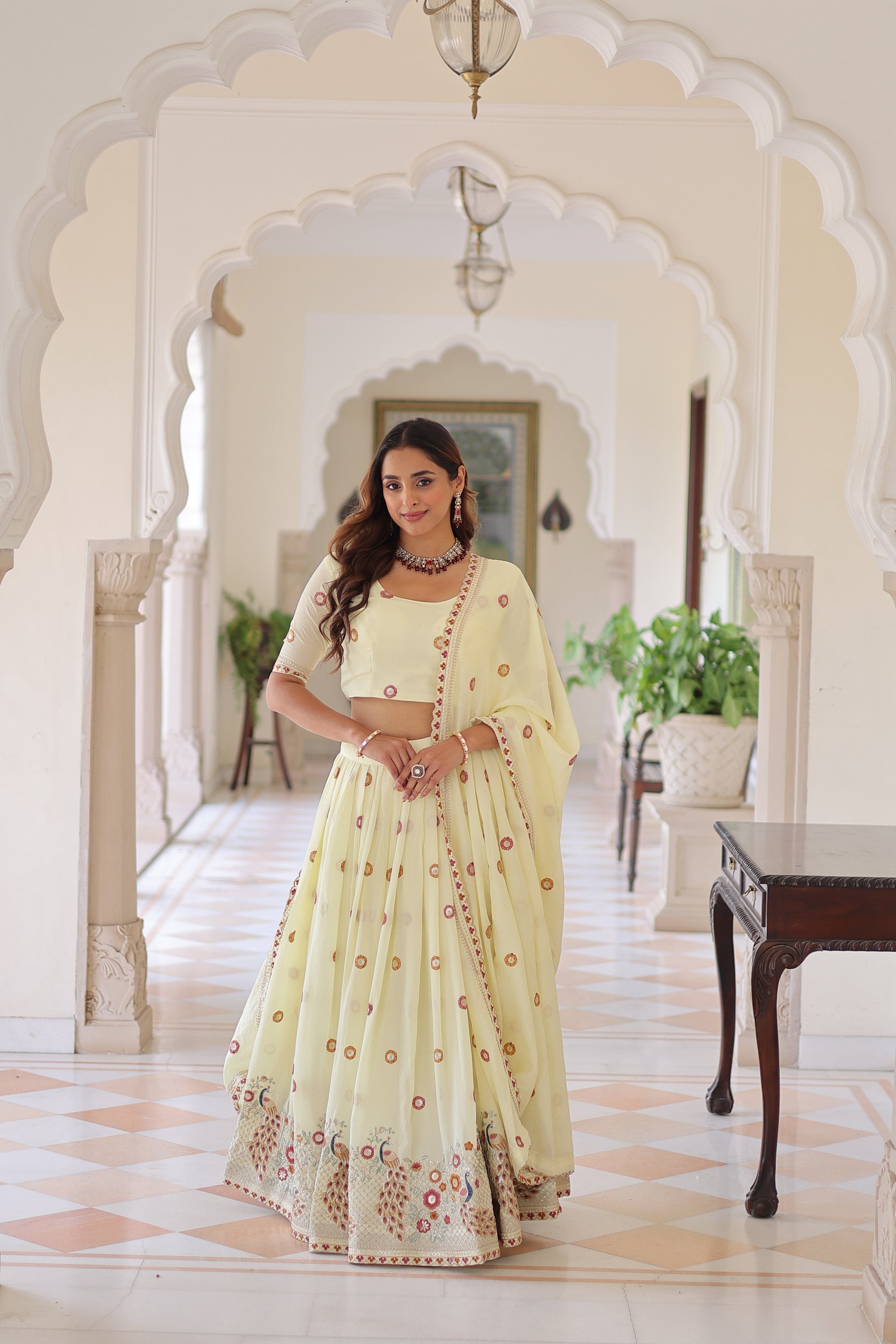 Lorenvalley Fashion Cream Vichitra Silk With Sequins & Zari & Thread Multi Embroidered work Lehenga Choli with Dupatta - Distacart