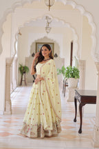 Lorenvalley Fashion Cream Vichitra Silk With Sequins & Zari & Thread Multi Embroidered work Lehenga Choli with Dupatta - Distacart