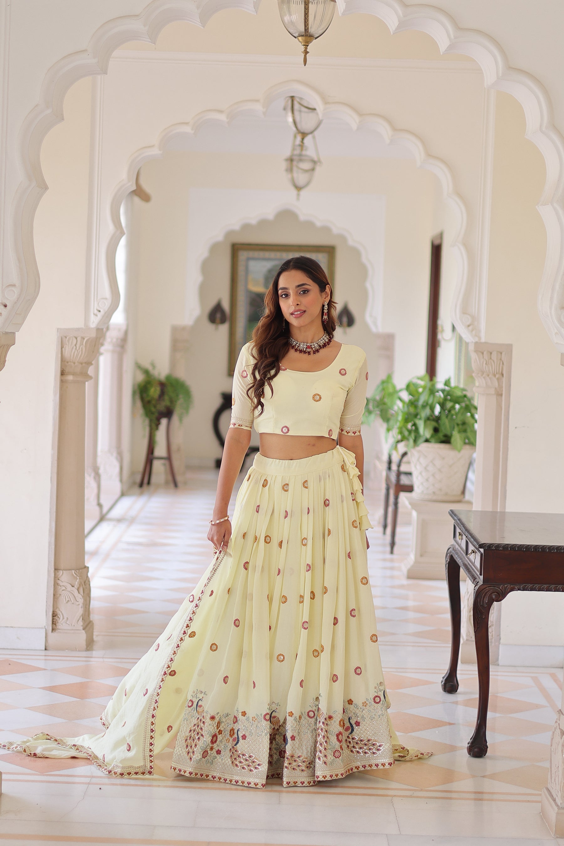 Lorenvalley Fashion Cream Vichitra Silk With Sequins & Zari & Thread Multi Embroidered work Lehenga Choli with Dupatta - Distacart