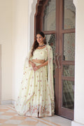 Lorenvalley Fashion Cream Vichitra Silk With Sequins & Zari & Thread Multi Embroidered work Lehenga Choli with Dupatta - Distacart