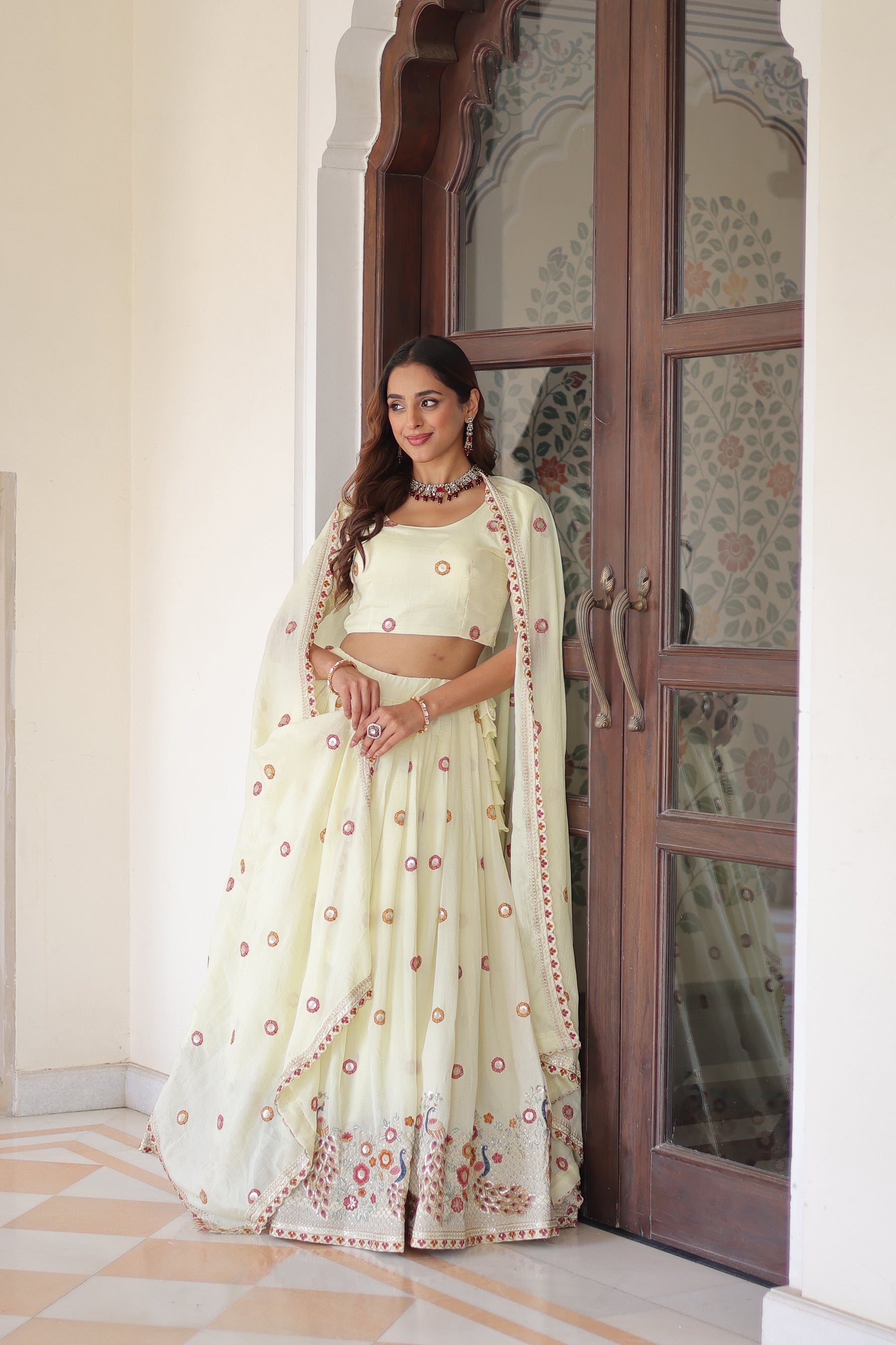 Lorenvalley Fashion Cream Vichitra Silk With Sequins & Zari & Thread Multi Embroidered work Lehenga Choli with Dupatta - Distacart