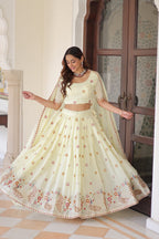Lorenvalley Fashion Cream Vichitra Silk With Sequins & Zari & Thread Multi Embroidered work Lehenga Choli with Dupatta - Distacart