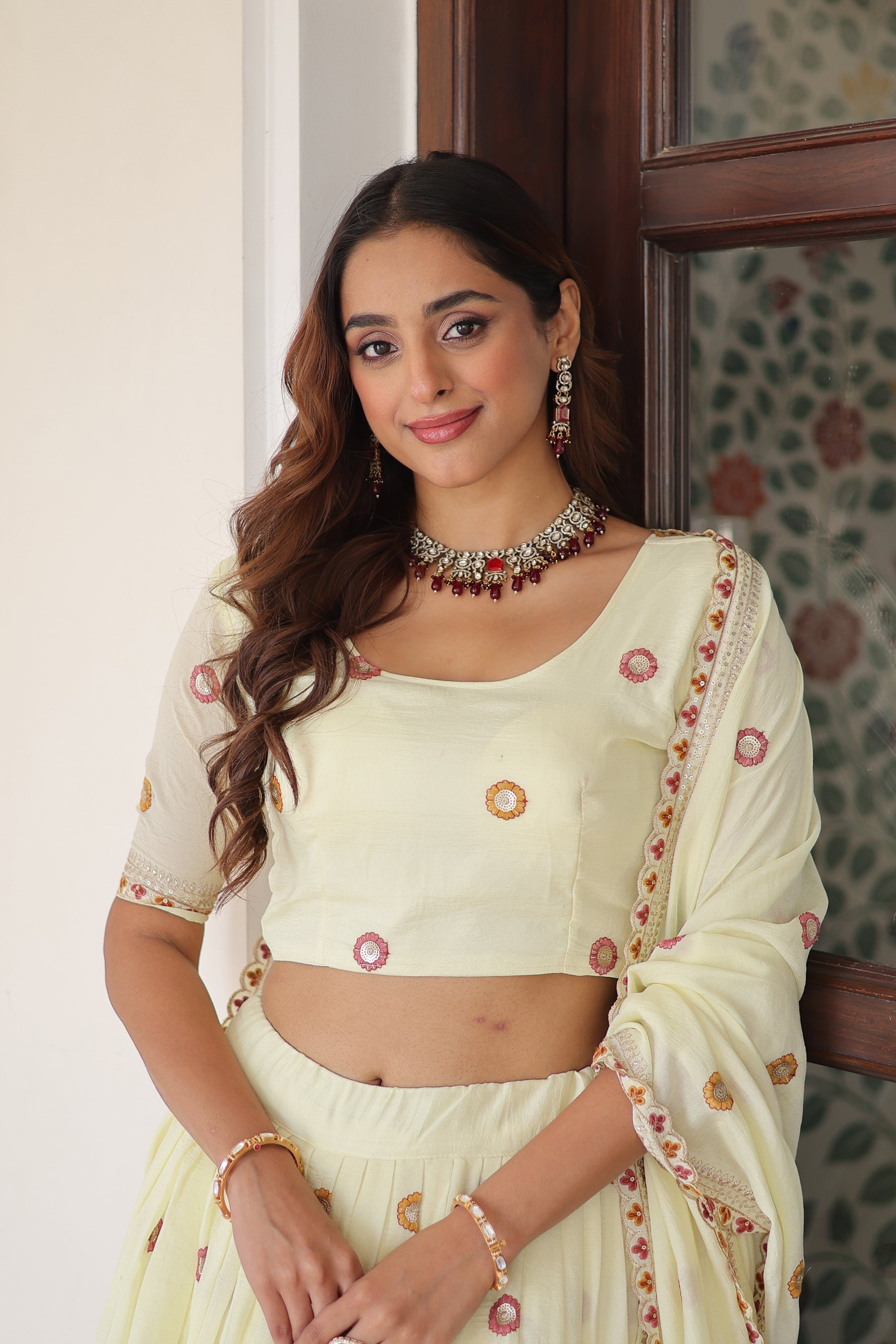 Lorenvalley Fashion Cream Vichitra Silk With Sequins & Zari & Thread Multi Embroidered work Lehenga Choli with Dupatta - Distacart