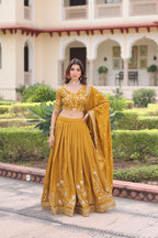 Lorenvalley Fashion Yellow NC Vichitra Silk Sequins & Zari Embroidered Work Lehenga Choli with Dupatta - Distacart