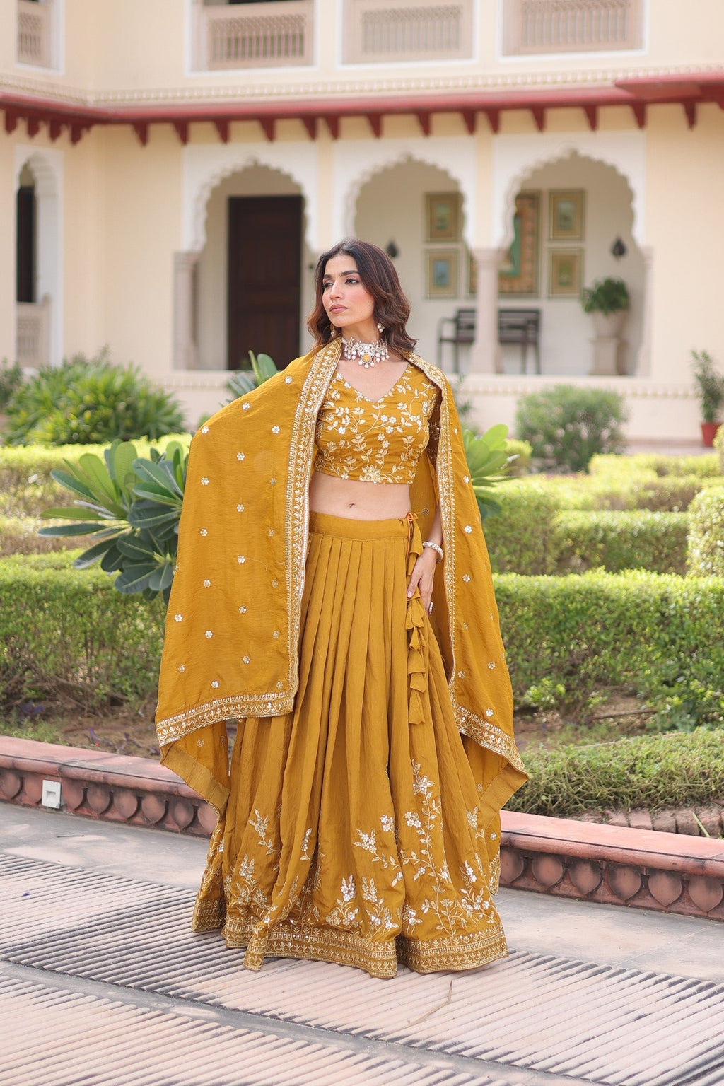Lorenvalley Fashion Yellow NC Vichitra Silk Sequins & Zari Embroidered Work Lehenga Choli with Dupatta - Distacart