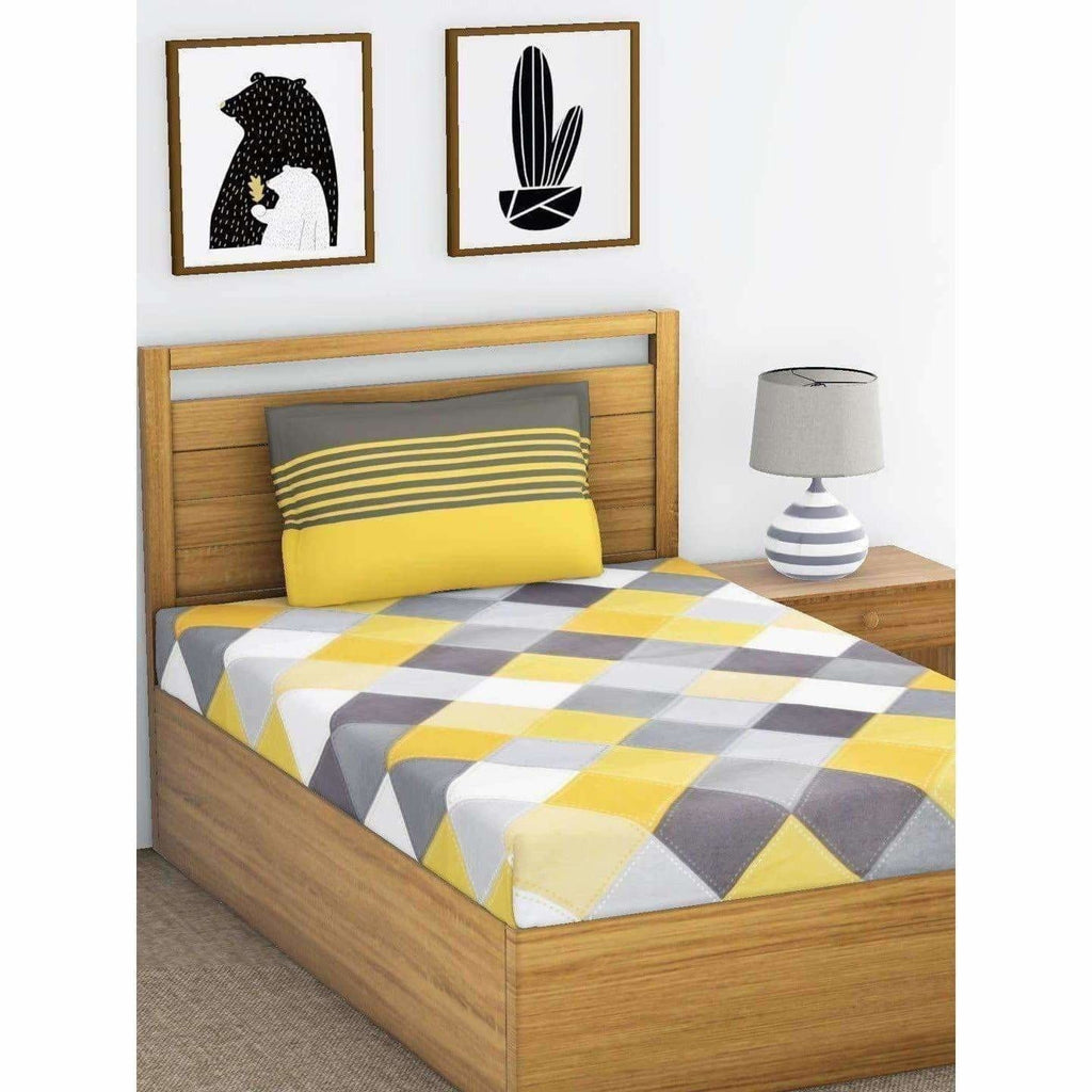 Cotton Double Bedsheet with 2 Pillow Covers - Yellow and Grey