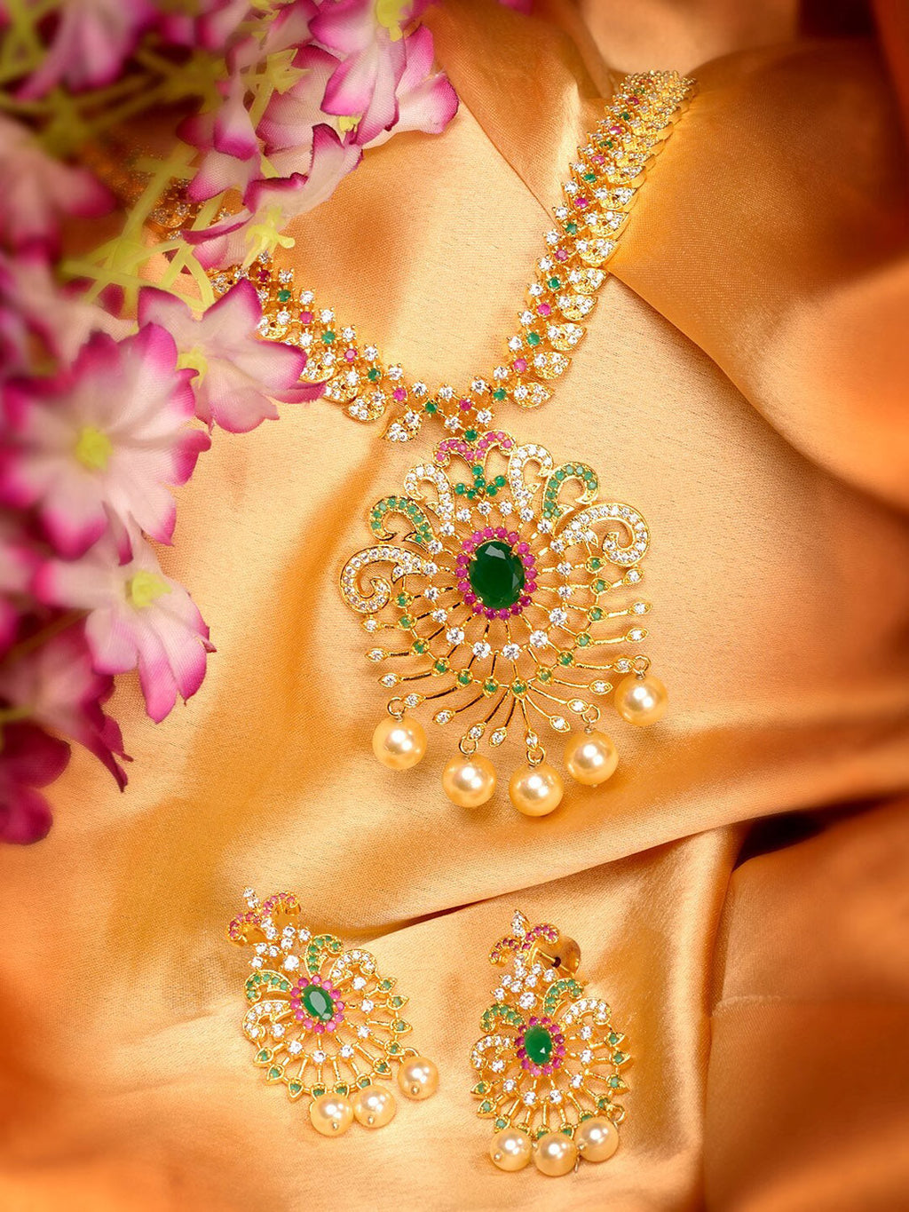 Saraf RS Jewellery Women Gold-Toned & Multi-Coloured CZ-Studded Handcrafted Jewellery Set - Distacart