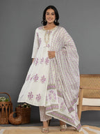 Yufta Purple & White Gota_Patti Cotton Anarkali Kurta Dupatta Pant Set