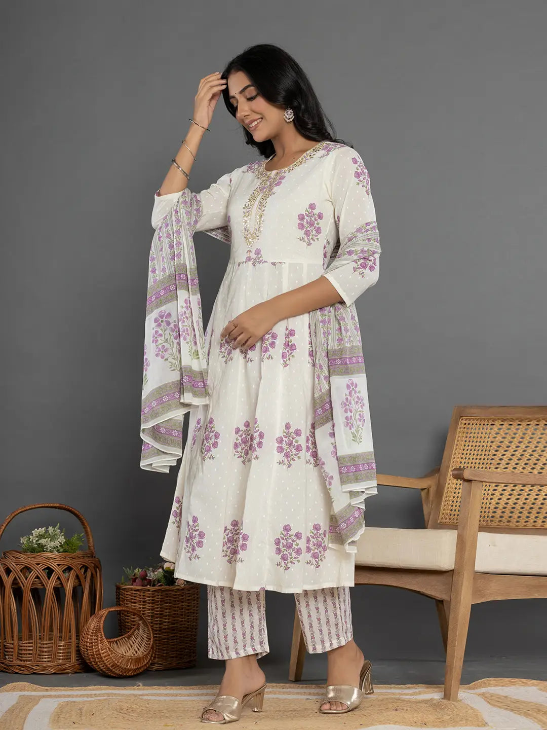 Yufta Purple & White Gota_Patti Cotton Anarkali Kurta Dupatta Pant Set