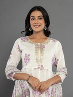 Yufta Purple & White Gota_Patti Cotton Anarkali Kurta Dupatta Pant Set