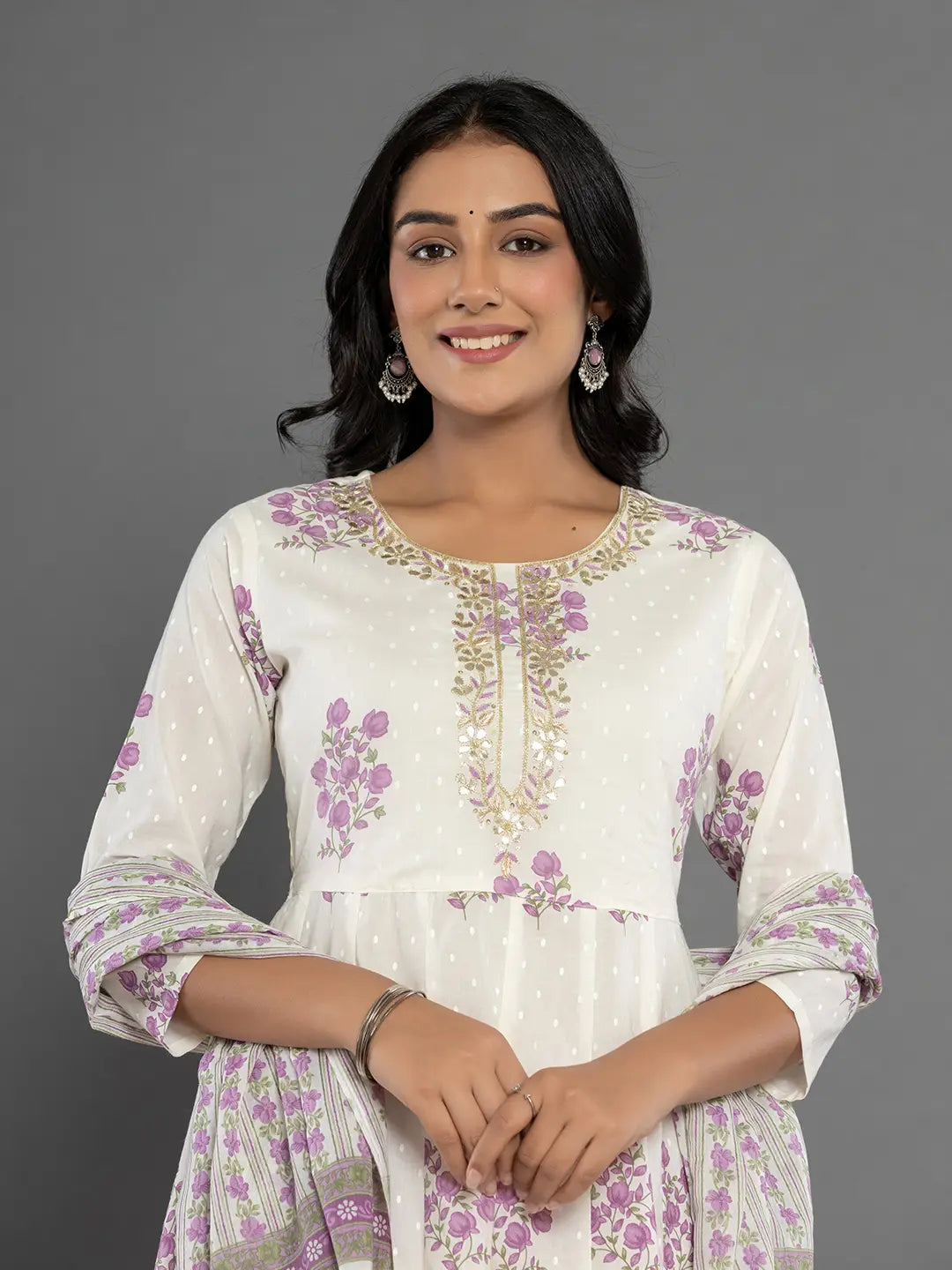 Yufta Purple & White Gota_Patti Cotton Anarkali Kurta Dupatta Pant Set