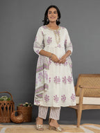 Yufta Purple & White Gota_Patti Cotton Anarkali Kurta Dupatta Pant Set