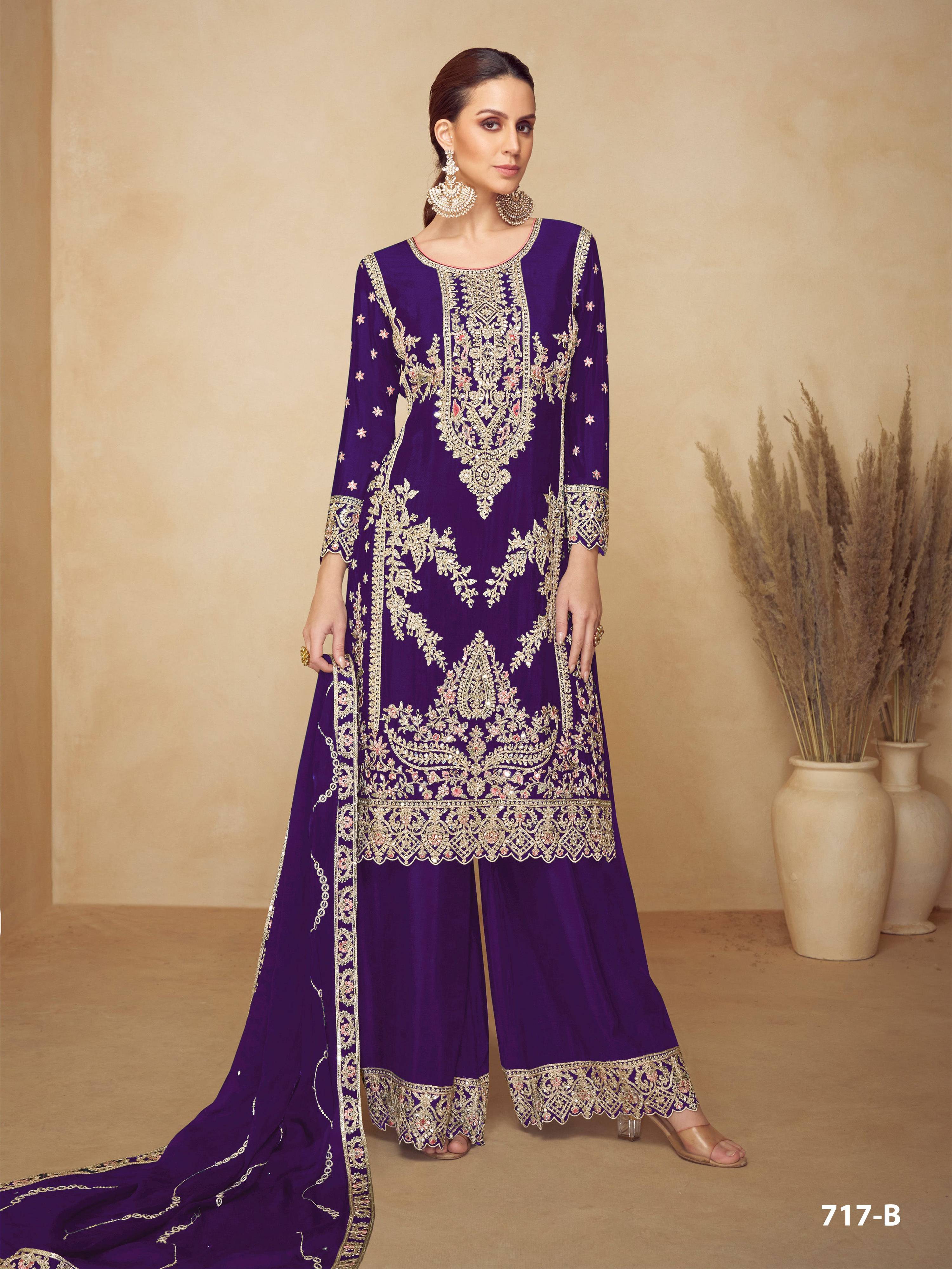 Anaita Purple Chinon Plazzo Suit With Codding Dori & Sequence Work - Distacart