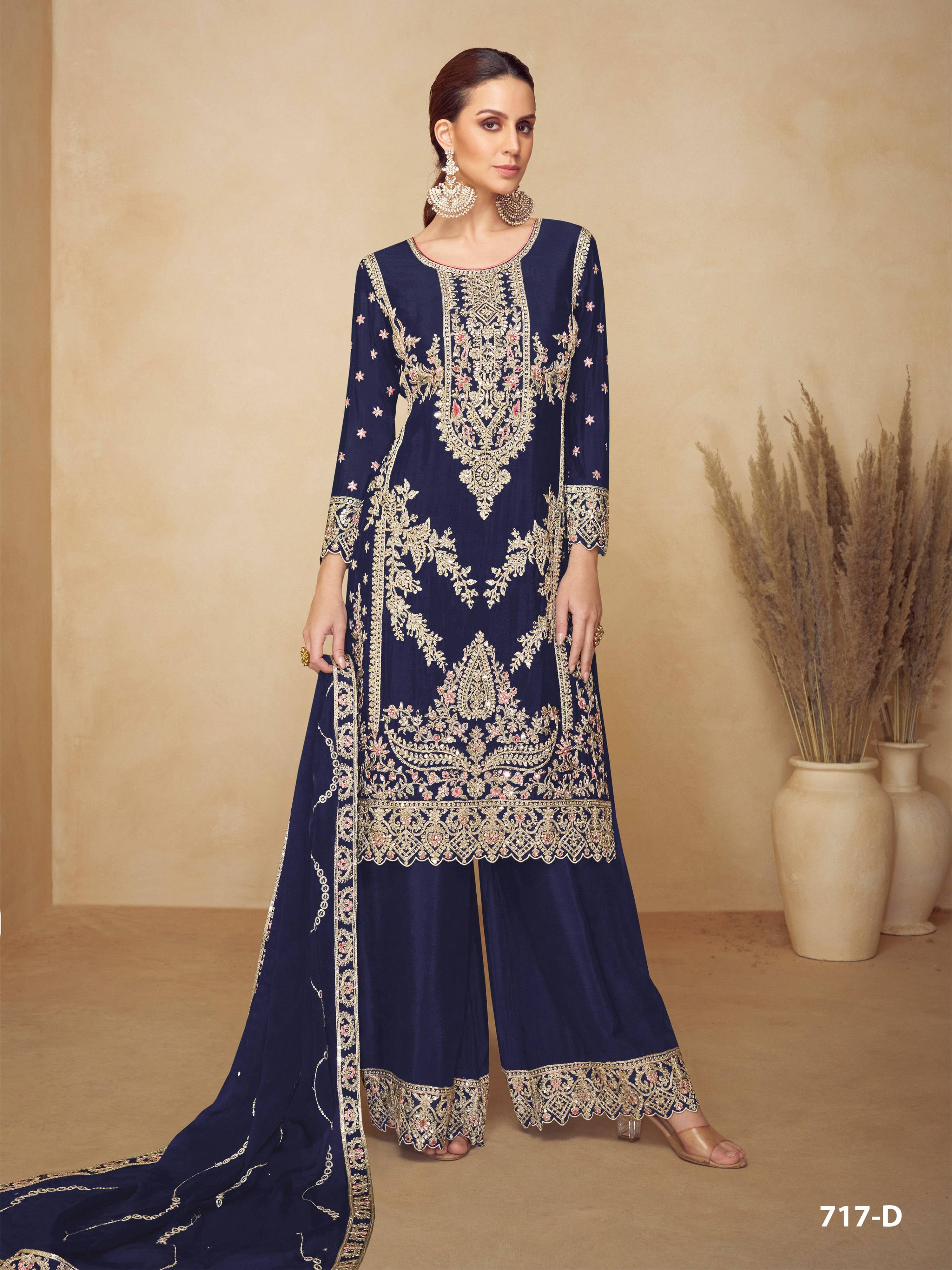 Anaita Navy Blue Chiffon Palazzo Suit With Coding Dori & Sequence Work - Distacart