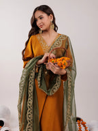 Yufta Mustard Silk Embroidered Kurta Dupatta Set