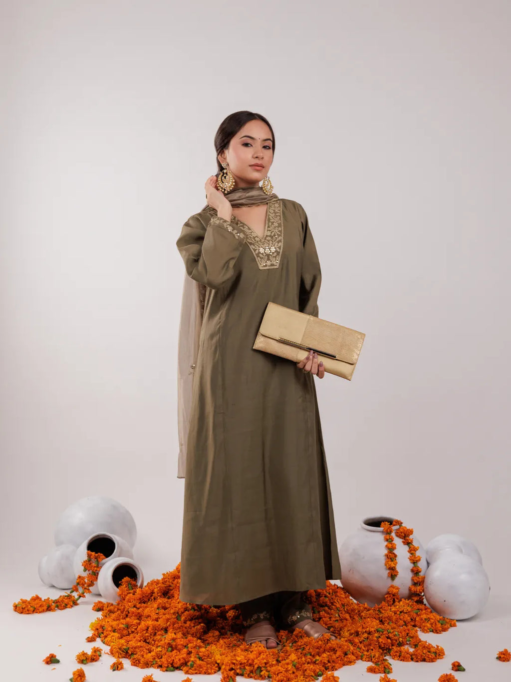 Yufta Olive Green Silk Embroidered Kurta Dupatta Set
