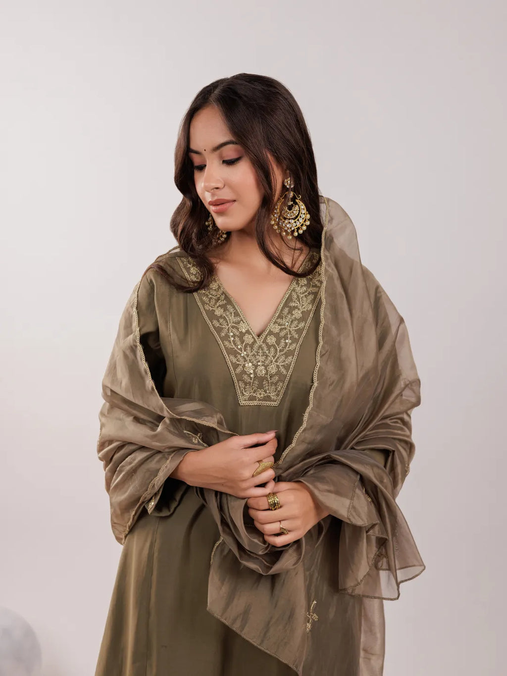 Yufta Olive Green Silk Embroidered Kurta Dupatta Set