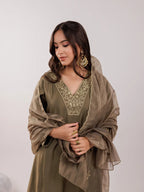 Yufta Olive Green Silk Embroidered Kurta Dupatta Set