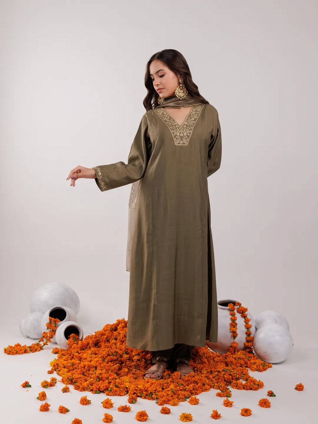 Yufta Olive Green Silk Embroidered Kurta Dupatta Set