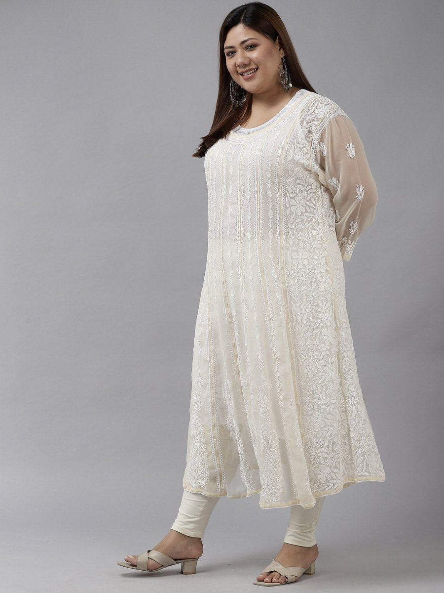 ADA Women Beige Ethnic Motifs Plus Size Chikankari Georgette Anarkali Kurta