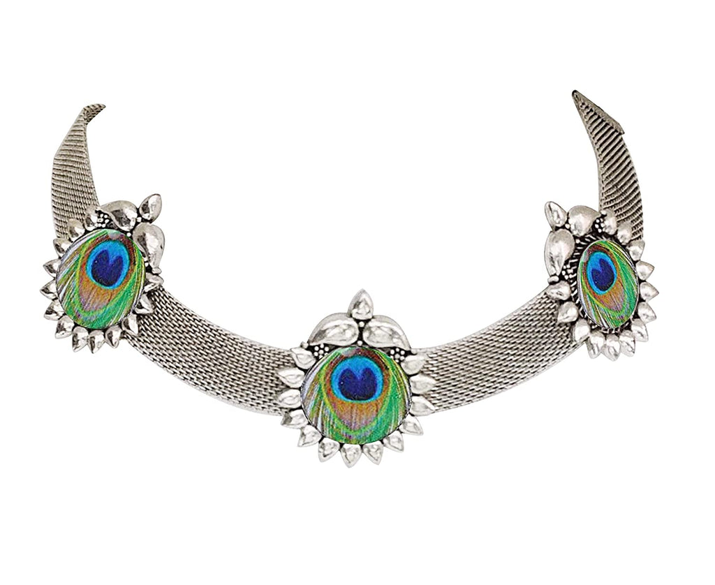 Silver-Plated Alloy Epoxy Peacock Oxidised Necklace - The Pari