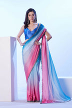 Blue Chinon Solid Designer & Lace Work Saree - Samaa