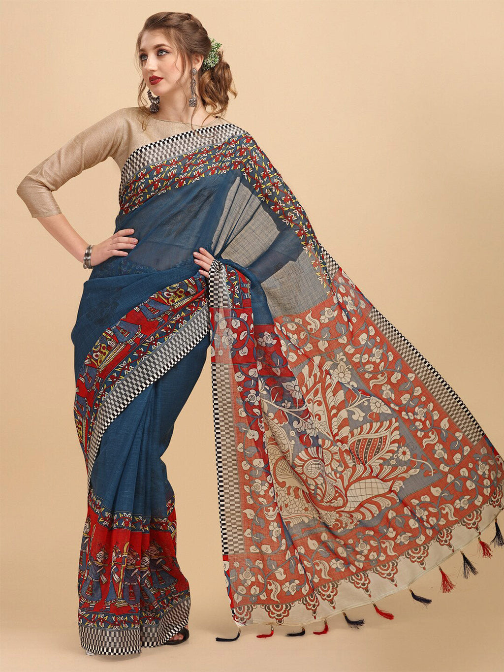 Sangria Ethnic Motif Printed Pure Linen Saree - Distacart