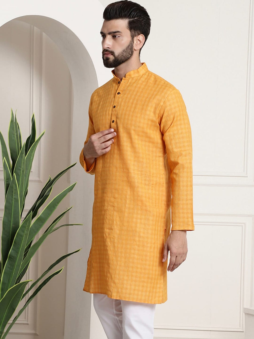 Sojanya Men Mustard Yellow Dobby Self-Checked Straight Kurta