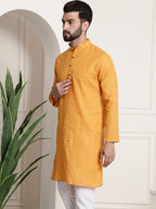 Sojanya Men Mustard Yellow Dobby Self-Checked Straight Kurta