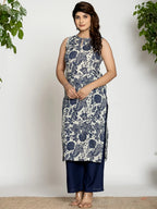 Yufta Blue Cotton Ethnic Motifs Straight Kurta