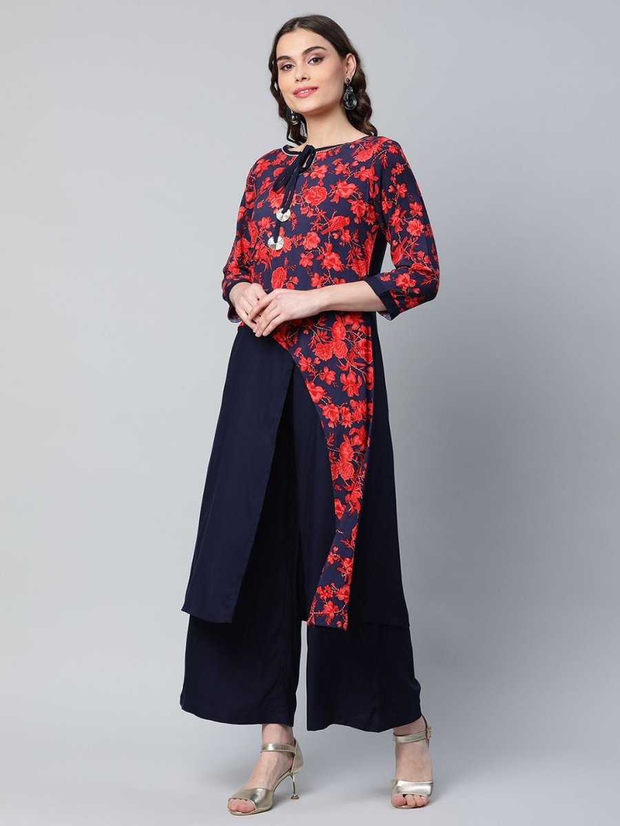 Ahalyaa Women's Navy Blue Rayon Wax Printed Kurta Palazzo Set - Distacart