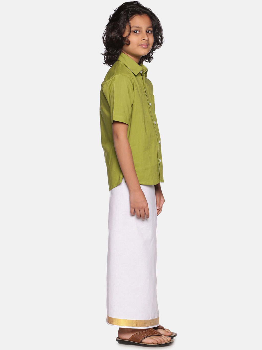 Sethukrishna Boys Green & White Solid Pure Cotton Shirt with Readymade Dhoti