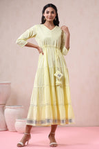 Juniper Women's Yellow Solid Pure Cotton Solid Tiered Maxi Dress With Gota Work Dori Tie-Up & Cushioned Tassels At Waist - Distacart