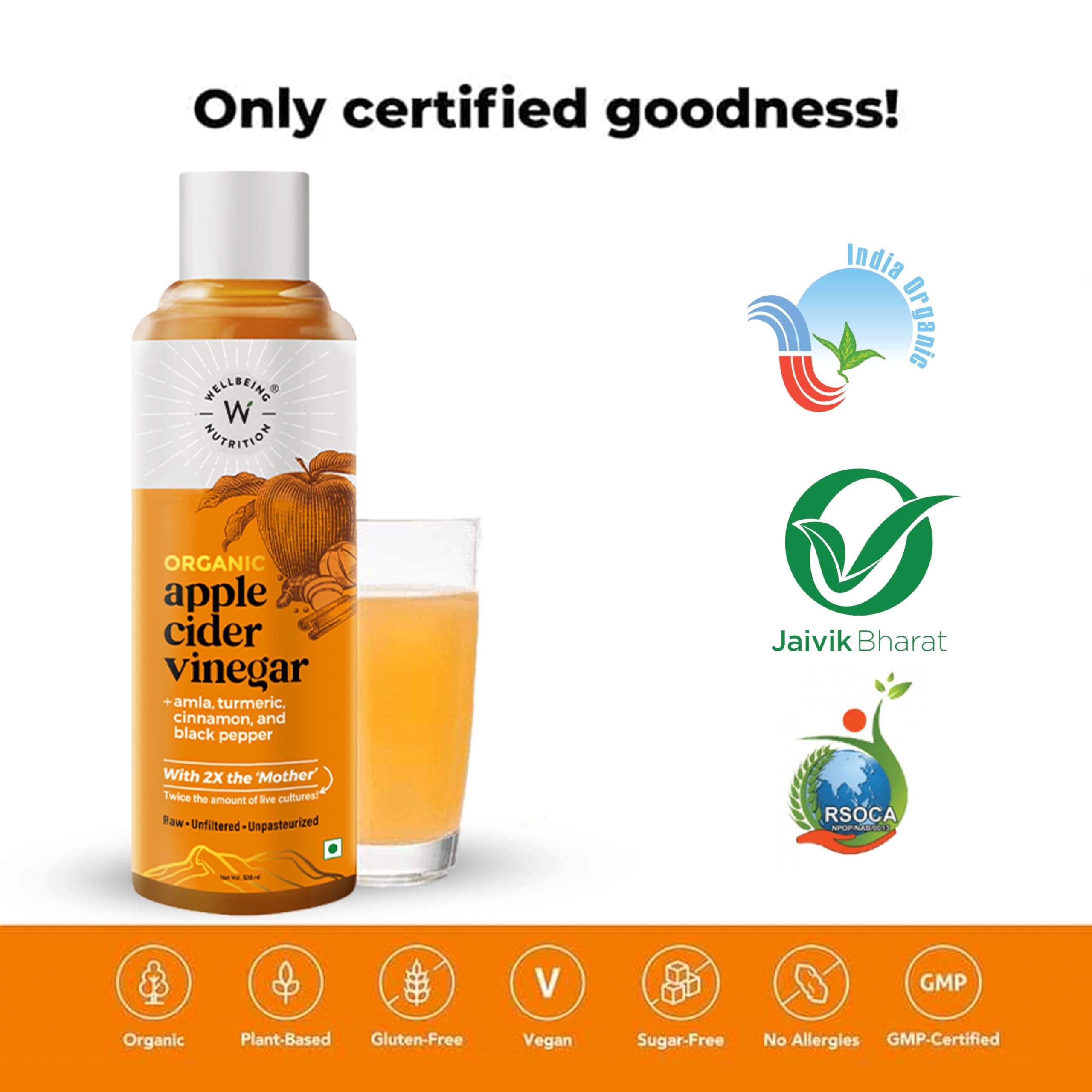 Wellbeing Nutrition Organic Apple Cider Vinegar with 2X Mother - Amla, Turmeric, Cinnamon, and Black Pepper - Distacart