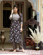 Miravan Women's Multi Colour Floral Printed Embroidery Yoke Design Kurta With Palazzo