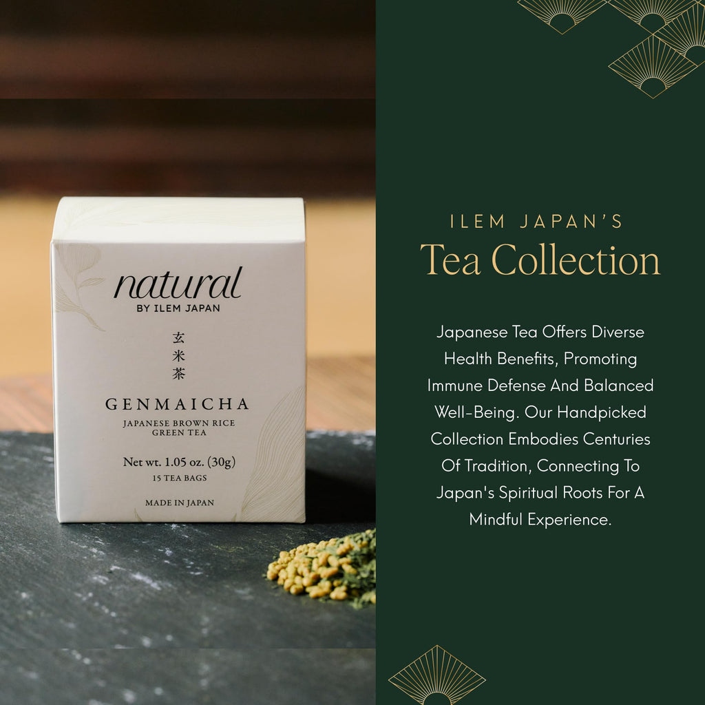 ILEM JAPAN Genmaicha Japanese Brown Rice Roasted Green Tea | Sourced From South Japan | Green Tea Leaves | 15 Tea Bags